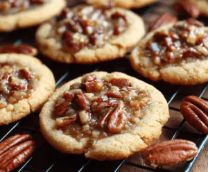 Delicious homemade pecan pie cookies with a golden-brown crust and crunchy pecan topping, perfect for dessert or holiday treats