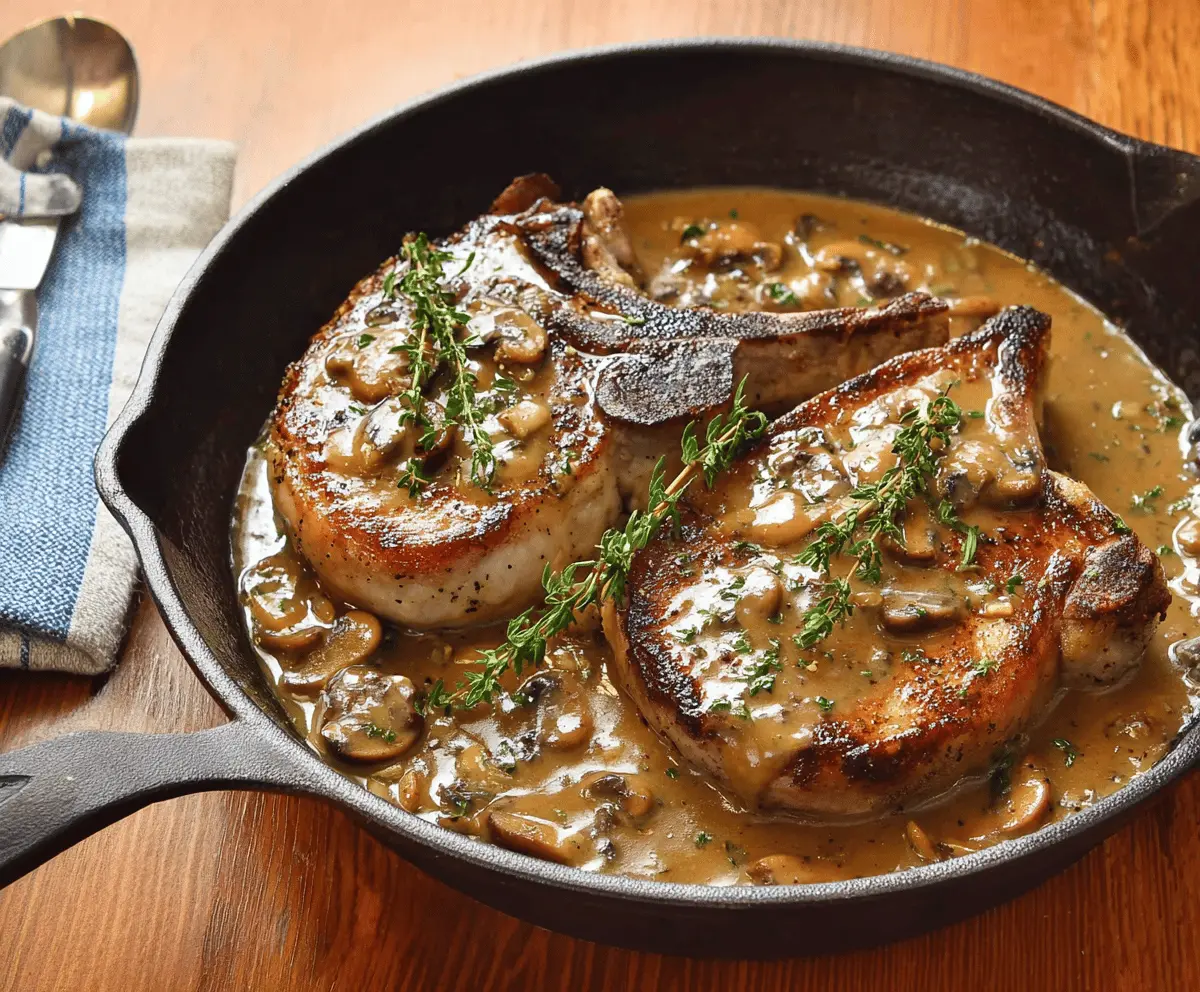 Juicy pork chop topped with creamy gravy served with mashed potatoes and steamed vegetables on a plate