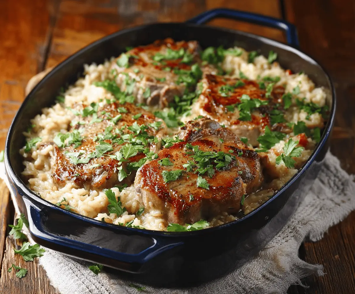 Delicious pork chops and rice casserole served on a plate, showcasing a flavorful and hearty meal.