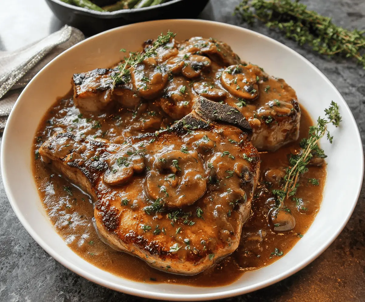 Juicy pork chops topped with rich brown gravy served on a plate with vegetables