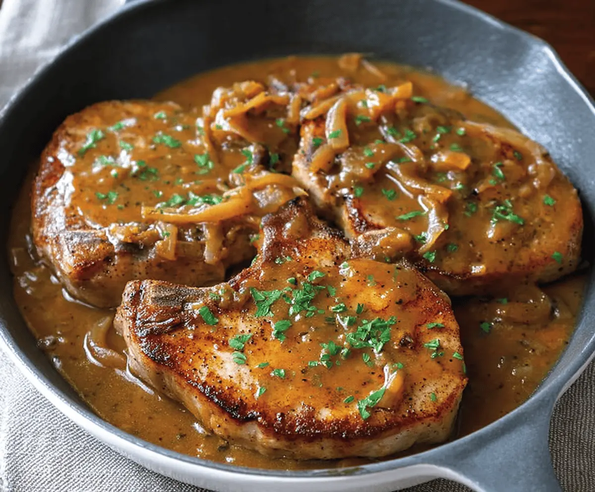Juicy pork chops topped with savory onion gravy served on a plate with side vegetables, perfect for a hearty meal.