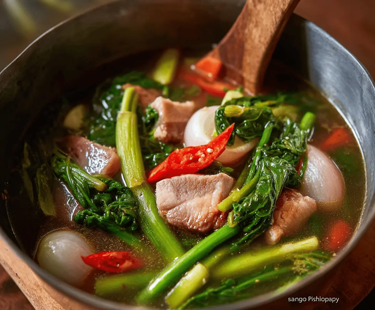 Delicious homemade Pork Sinigang soup with vegetables and tender pork, served in a bowl highlighting a flavorful Filipino sour soup recipe