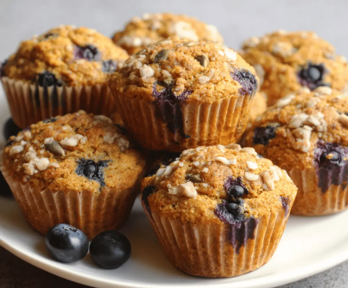 Freshly baked pumpkin blueberry muffins with golden tops and vibrant blueberries, perfect for breakfast or snacks.