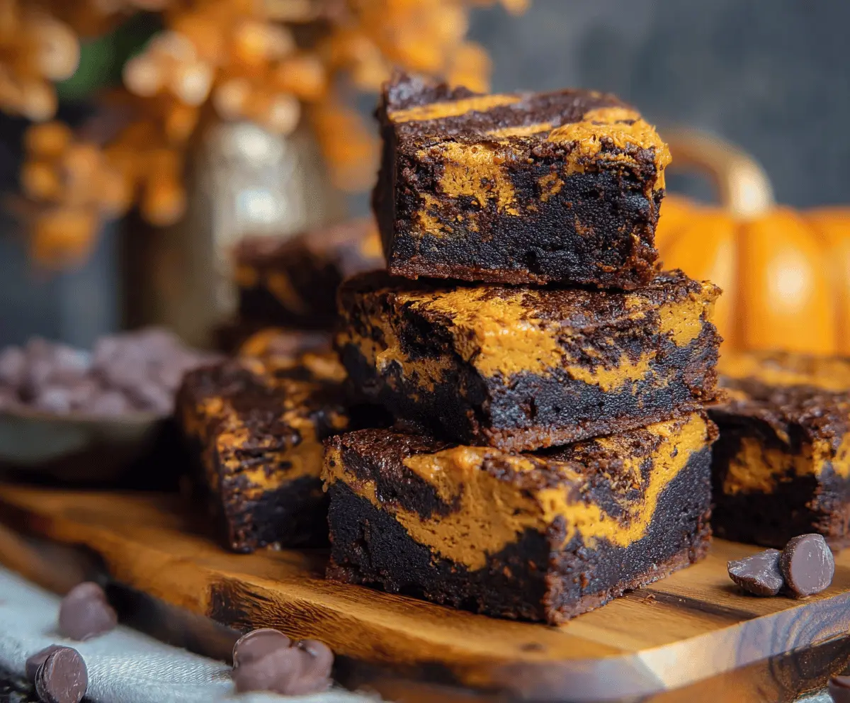 Delicious homemade pumpkin brownies with a rich chocolate base and creamy pumpkin topping, perfect for fall desserts.