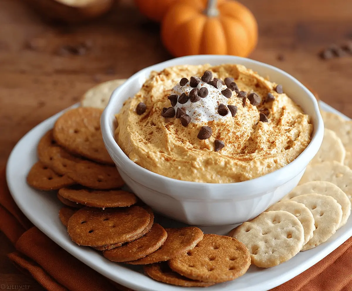 Delicious Pumpkin Cannoli Dip topped with chocolate chips and crushed cookies, served in a bowl for festive fall desserts