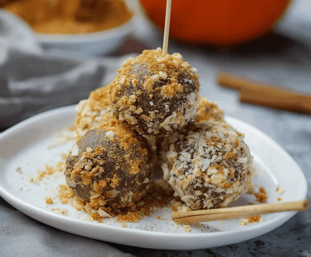 Creamy pumpkin cheesecake protein balls with cinnamon and fall spices, perfect for healthy snacking