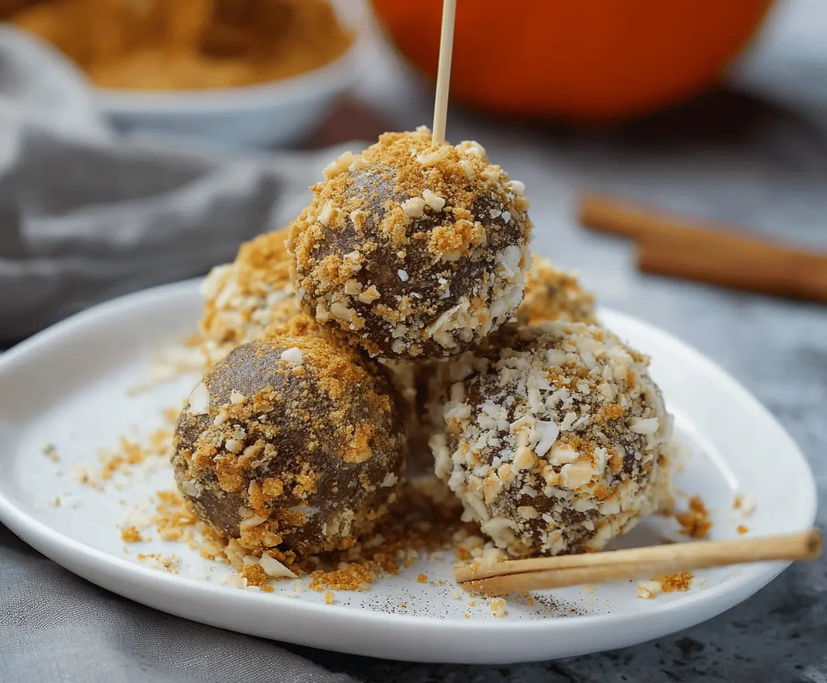 Creamy pumpkin cheesecake protein balls with cinnamon and fall spices, perfect for healthy snacking