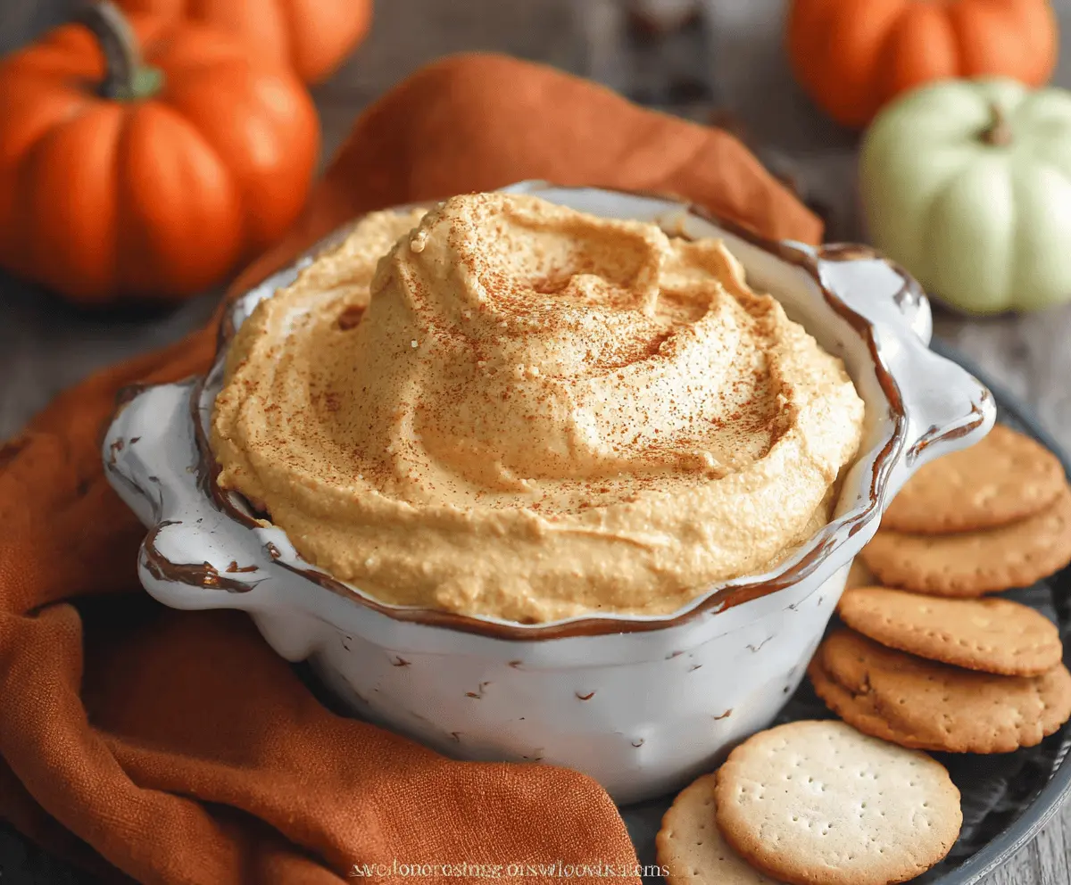 Creamy pumpkin mousse dip garnished with whipped cream and cinnamon, perfect for fall festivities and holiday gatherings.