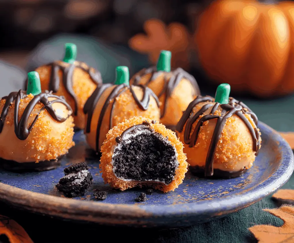 Delicious Pumpkin Oreo Truffles with a creamy orange filling and chocolate coating, perfect for fall treats and dessert gatherings