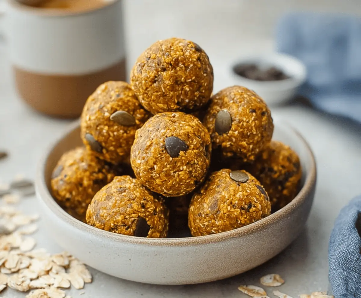 Healthy pumpkin protein balls with chia seeds and oats on a white plate, perfect for a nutritious snack