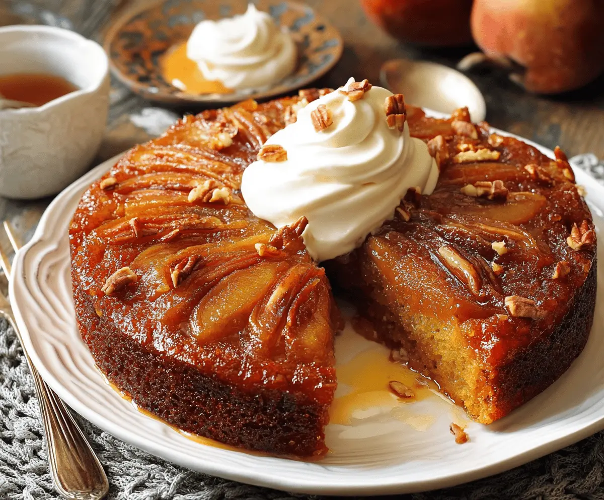 Delicious homemade pumpkin upside down cake topped with caramelized pumpkin slices and whipped cream, perfect for fall desserts.