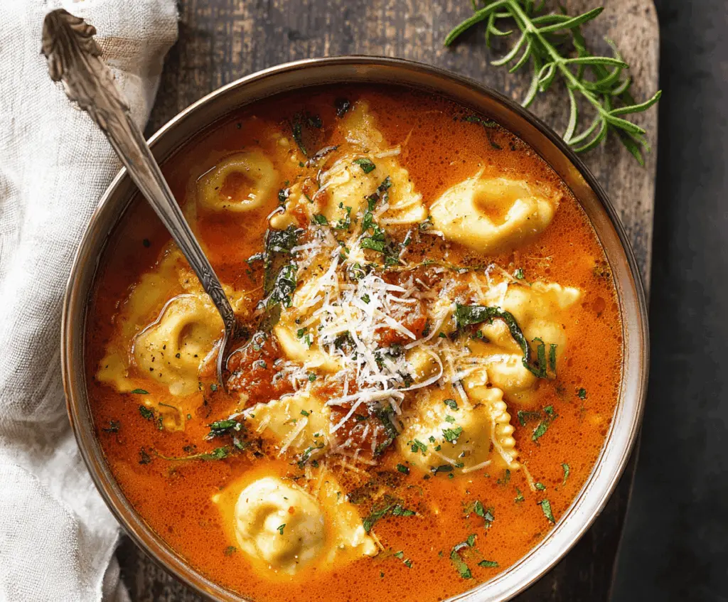 Delicious bowl of ravioli soup with fresh herbs and vegetables, ready to serve