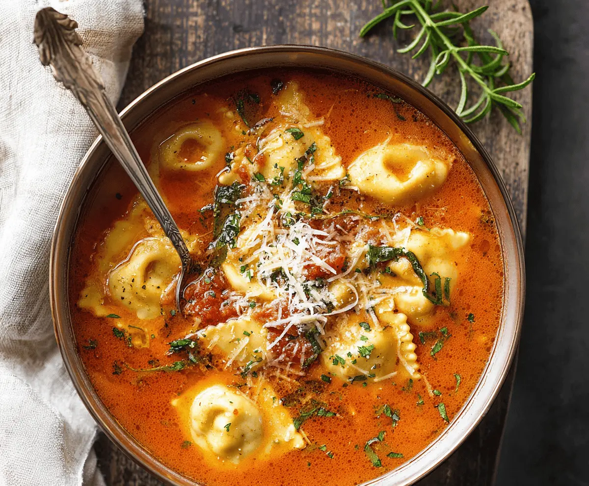 Delicious bowl of ravioli soup with fresh herbs and vegetables, ready to serve