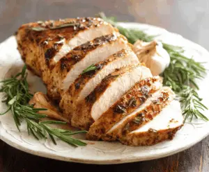 Juicy rosemary garlic turkey breast ready to serve with fresh herbs and garlic slices
