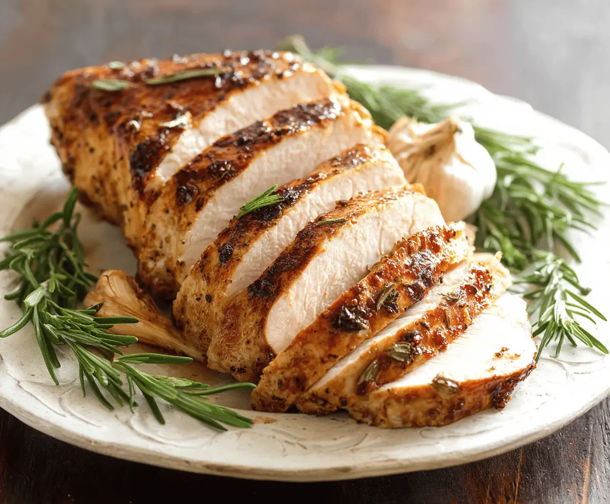 Juicy rosemary garlic turkey breast ready to serve with fresh herbs and garlic slices