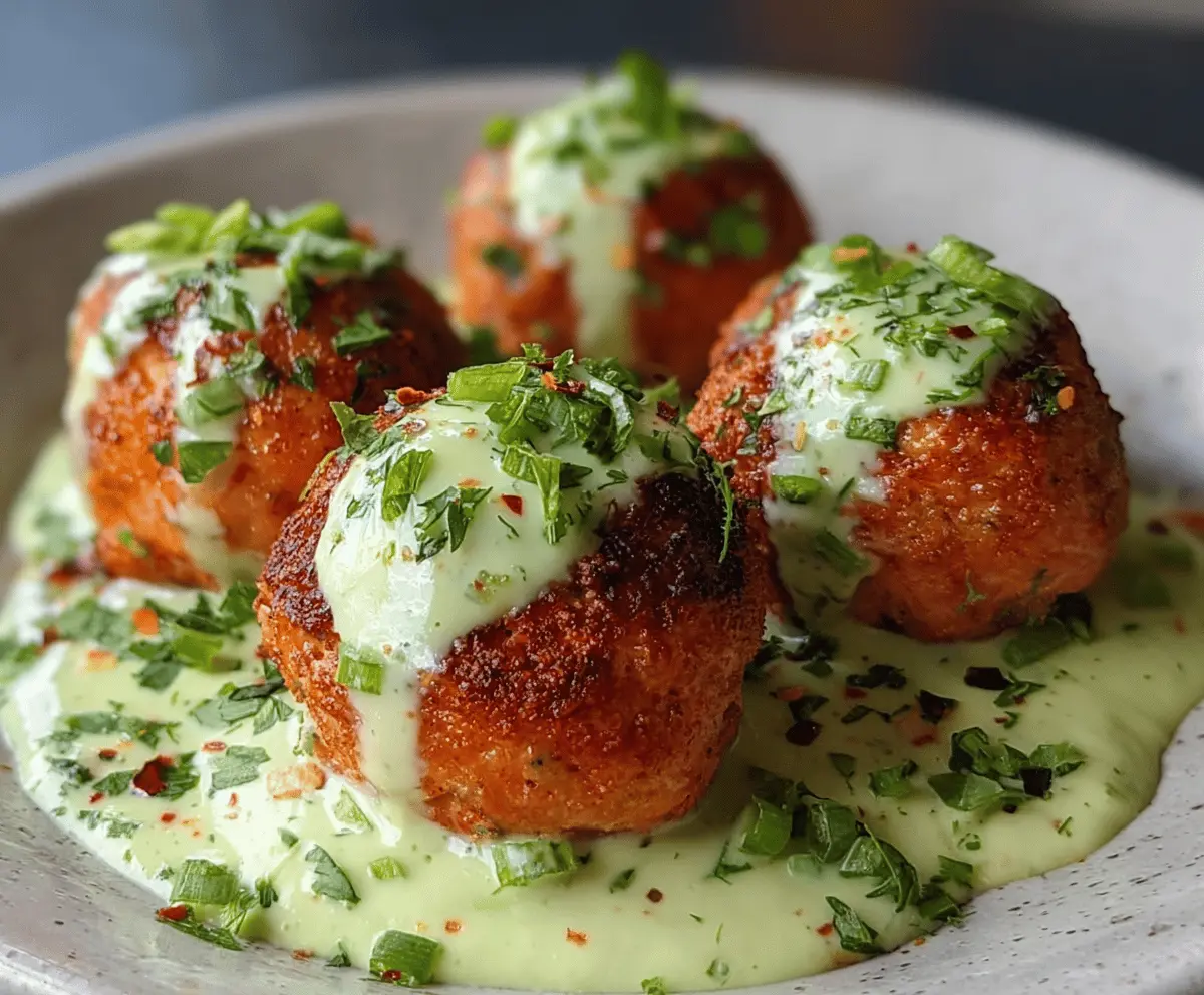Salmon balls served with creamy avocado sauce on a white plate, garnished with fresh herbs and lemon wedges for a delicious seafood appetizer