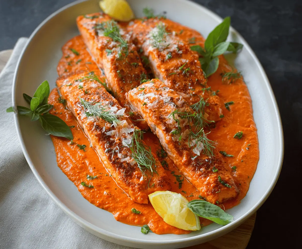 Delicious grilled salmon fillet topped with vibrant roasted red pepper sauce on a white plate, served with fresh herbs and lemon wedges.