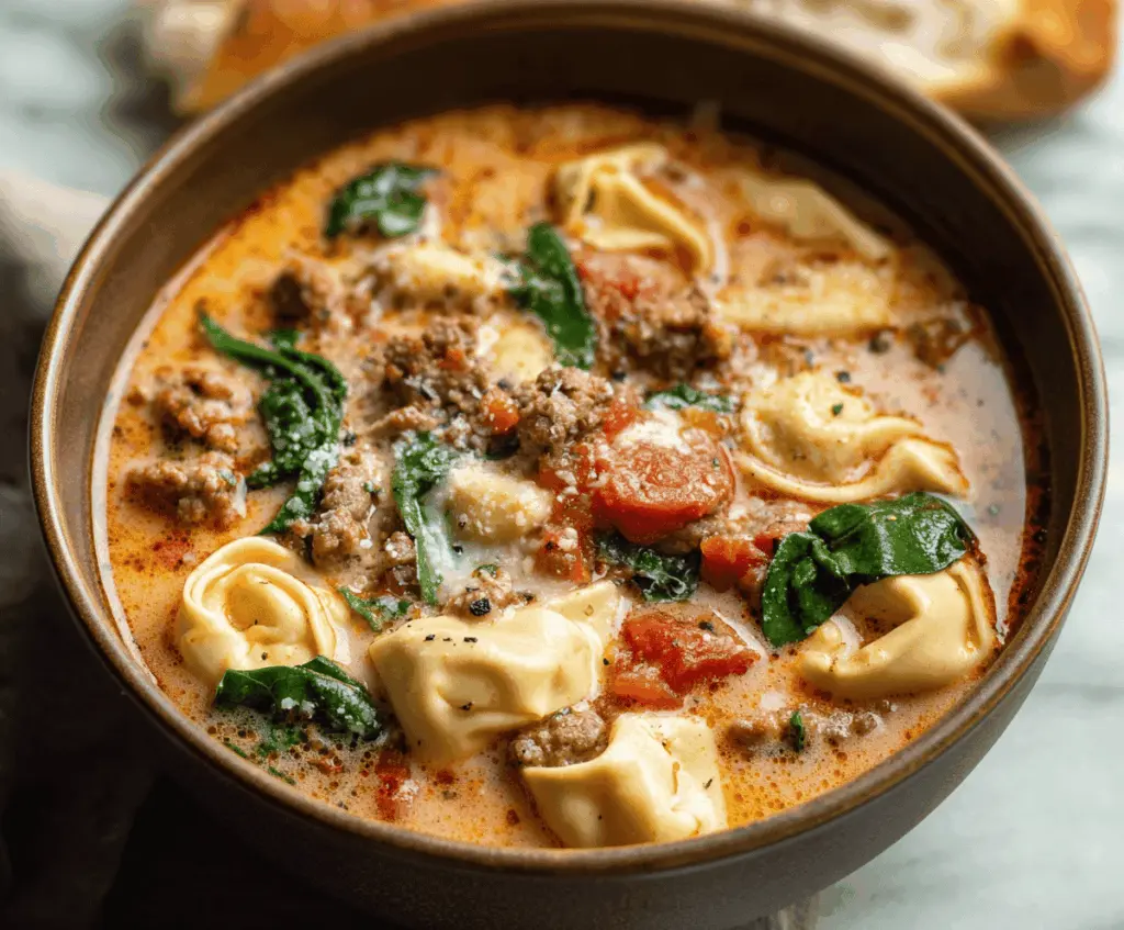 Delicious Sausage Tortellini Soup with fresh vegetables and herbs in a bowl, perfect for a comforting meal