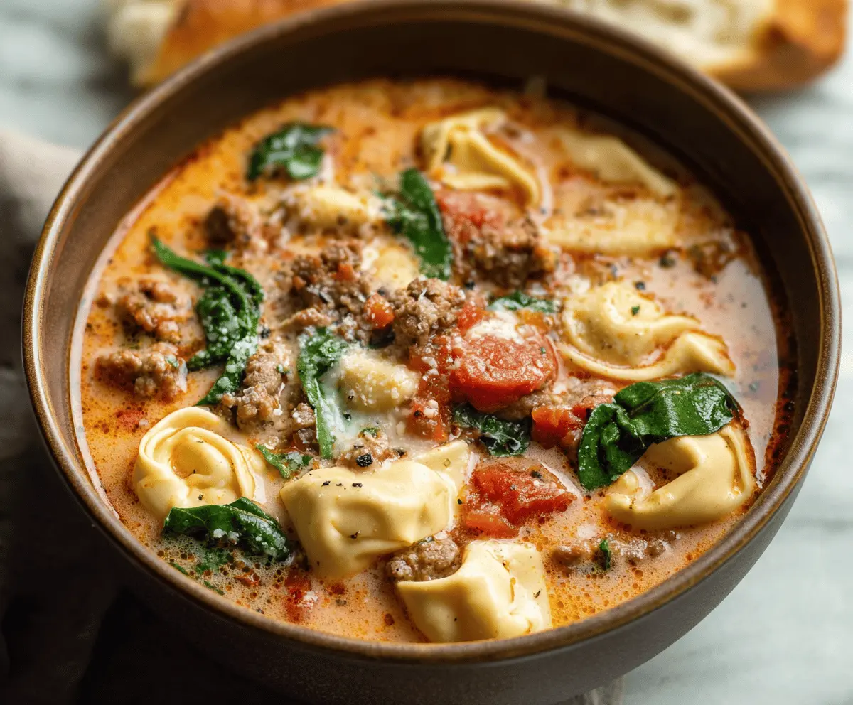 Delicious Sausage Tortellini Soup with fresh vegetables and herbs in a bowl, perfect for a comforting meal