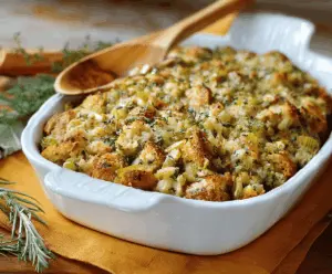 Delicious savory herb stuffing with fresh herbs and golden-brown bread cubes, perfect for holiday dinners and festive occasions.
