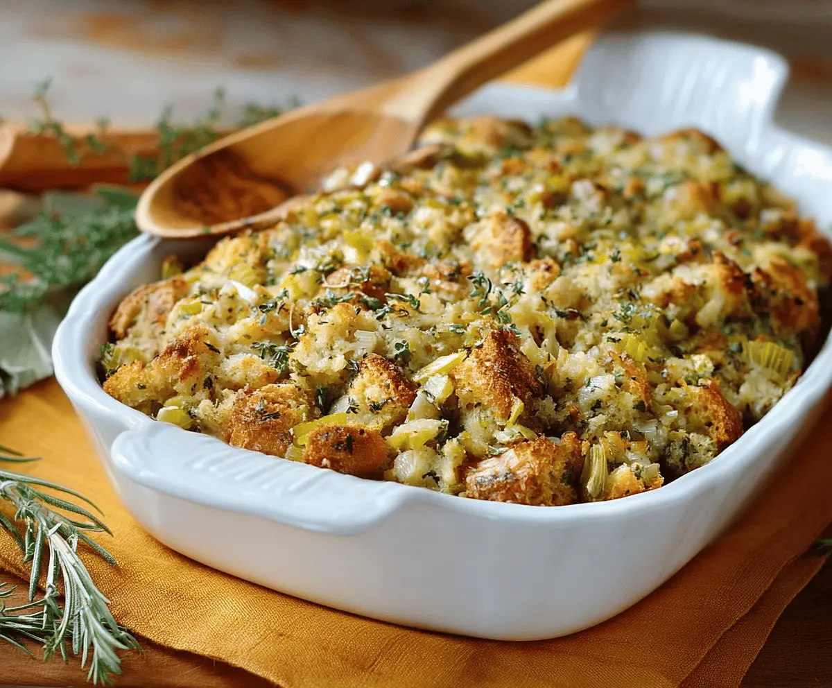 Delicious savory herb stuffing with fresh herbs and golden-brown bread cubes, perfect for holiday dinners and festive occasions.
