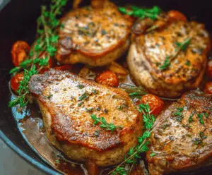 Juicy skillet pork chops served with fresh herbs and vegetables on a rustic wooden table.