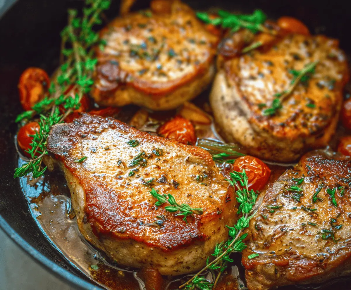 Juicy skillet pork chops served with fresh herbs and vegetables on a rustic wooden table.