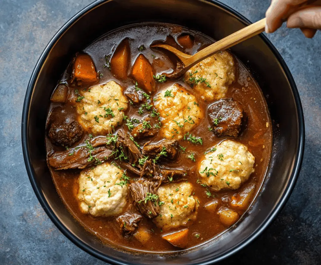 Hearty slow cooker beef stew topped with fluffy dumplings in a rustic bowl, perfect for comforting family meals.