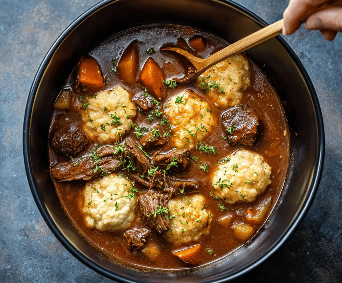 Hearty slow cooker beef stew topped with fluffy dumplings in a rustic bowl, perfect for comforting family meals.