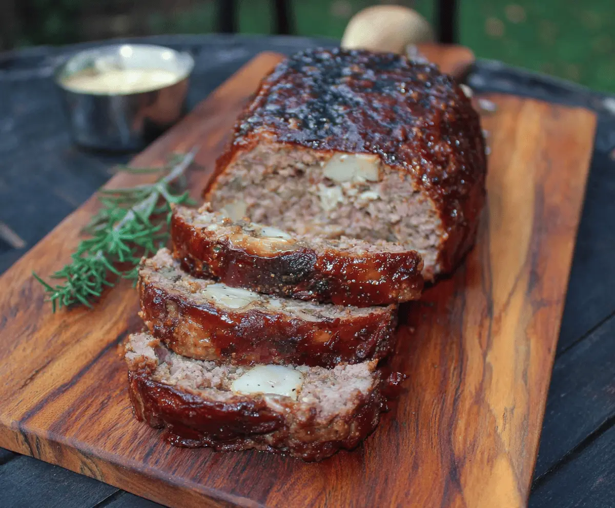 Delicious smoked meatloaf topped with glaze, served on a plate with fresh herbs and vegetables