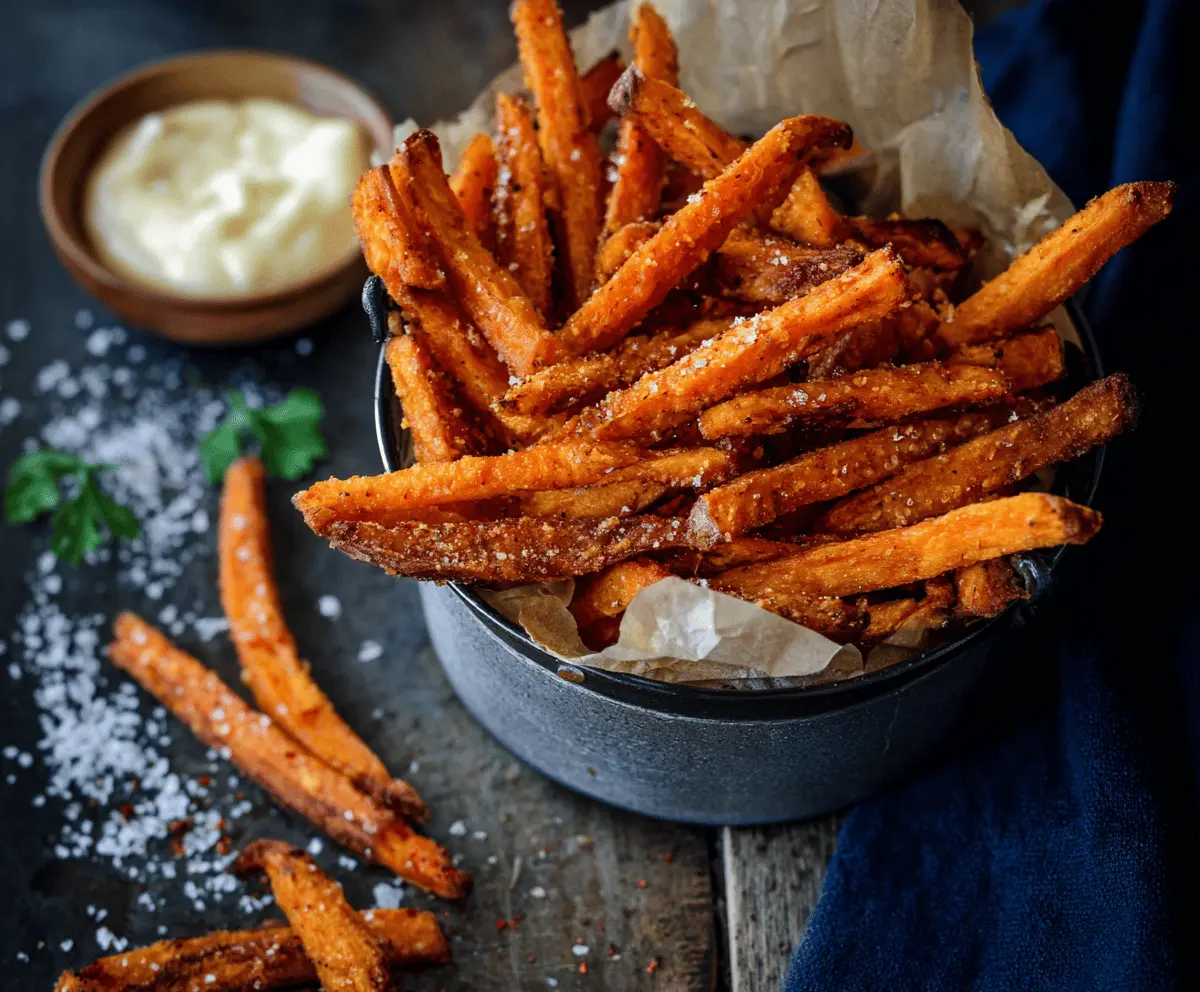 Golden crispy spicy garlic sweet potato fries served with fresh herbs and dipping sauce, perfect for a flavorful snack or side dish.