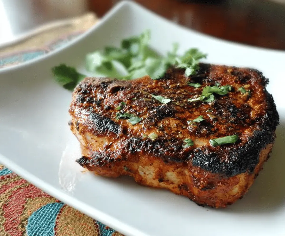 Juicy pork chops seasoned with taco spices, garnished with fresh cilantro, served on a plate with lime wedges and side dishes