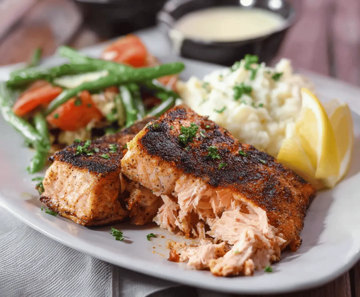 Delicious Texas Roadhouse Salmon served with fresh vegetables and lemon wedge