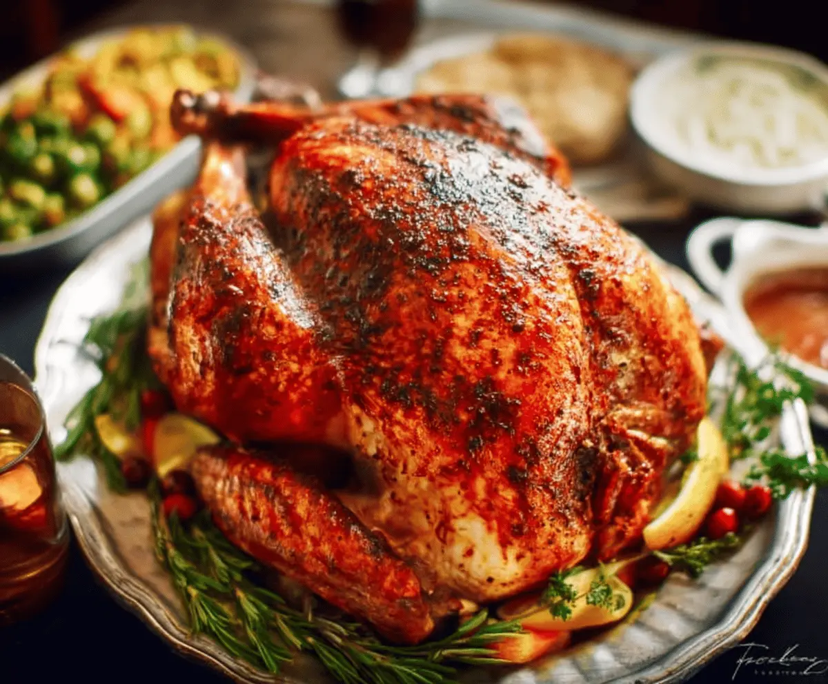 Golden roasted Thanksgiving turkey on a platter with savory herbs and vegetables.