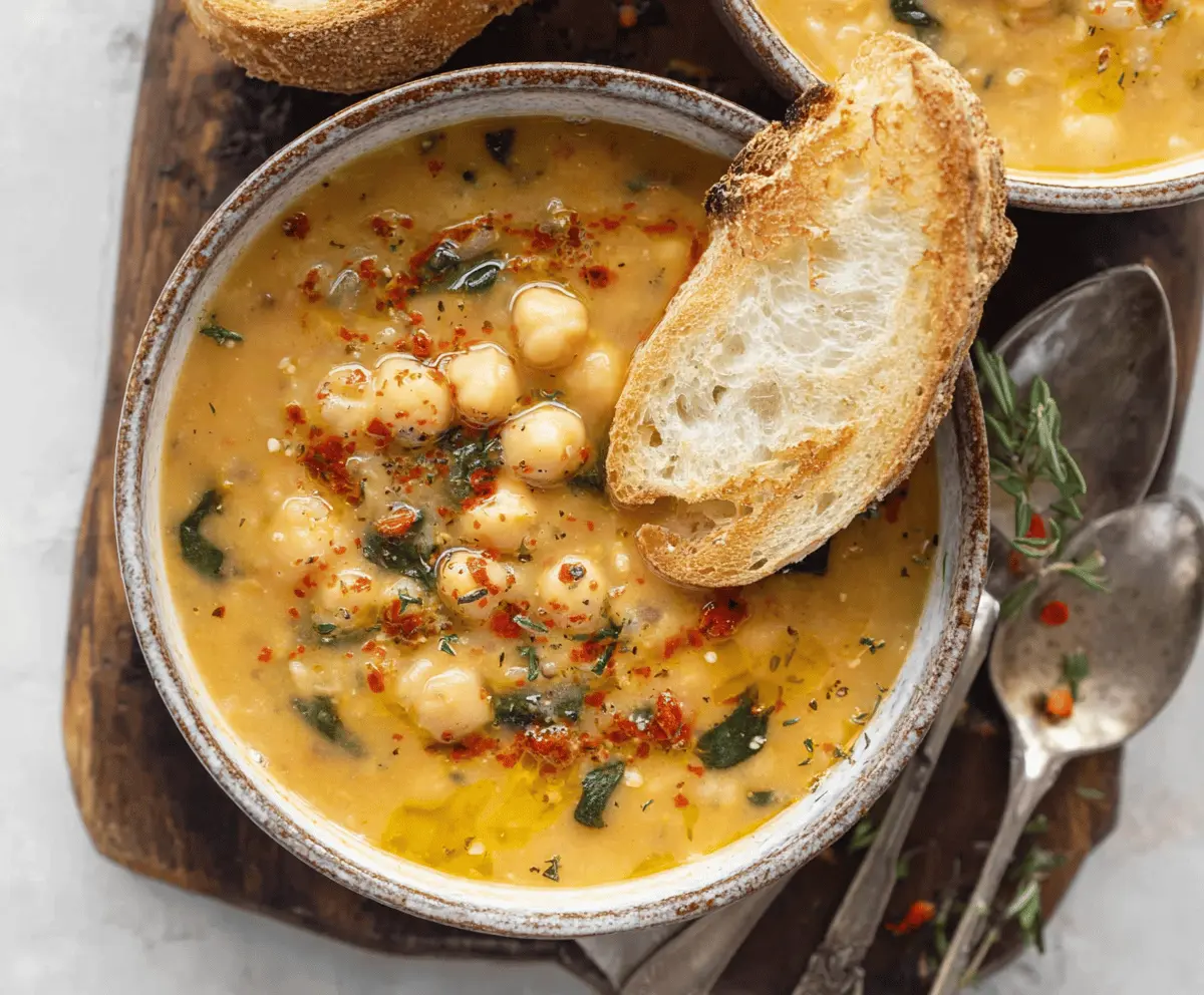 Creamy vegan garlic chickpea soup garnished with fresh herbs and a lemon wedge, served in a rustic bowl.