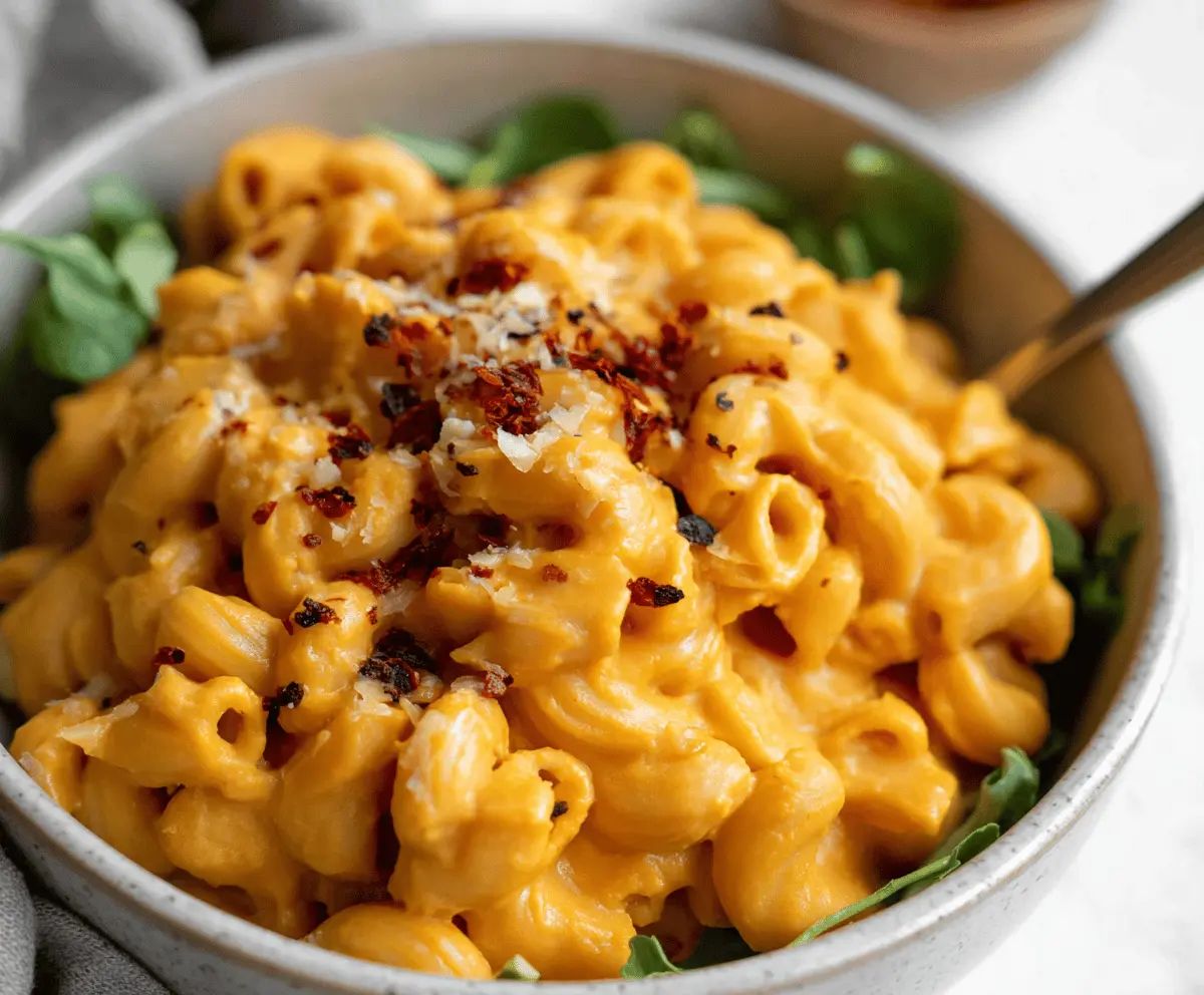 Creamy vegan sweet potato mac and cheese served in a bowl, featuring tender pasta topped with melted plant-based cheese and fresh herbs.
