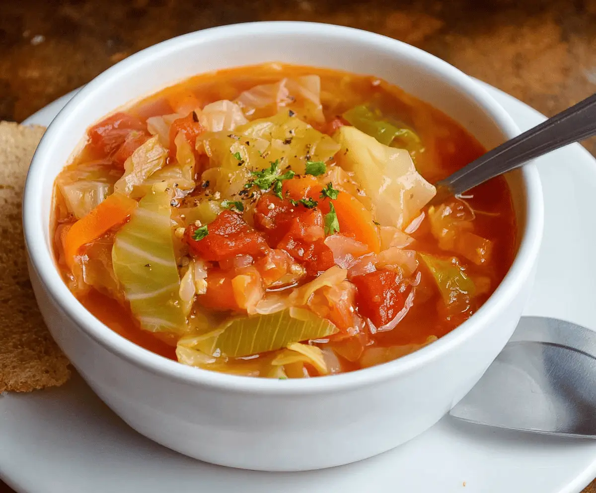 Healthy Weight Watchers Cabbage Soup in a bowl with fresh vegetables and herbs, perfect for a low-calorie, nutritious meal.
