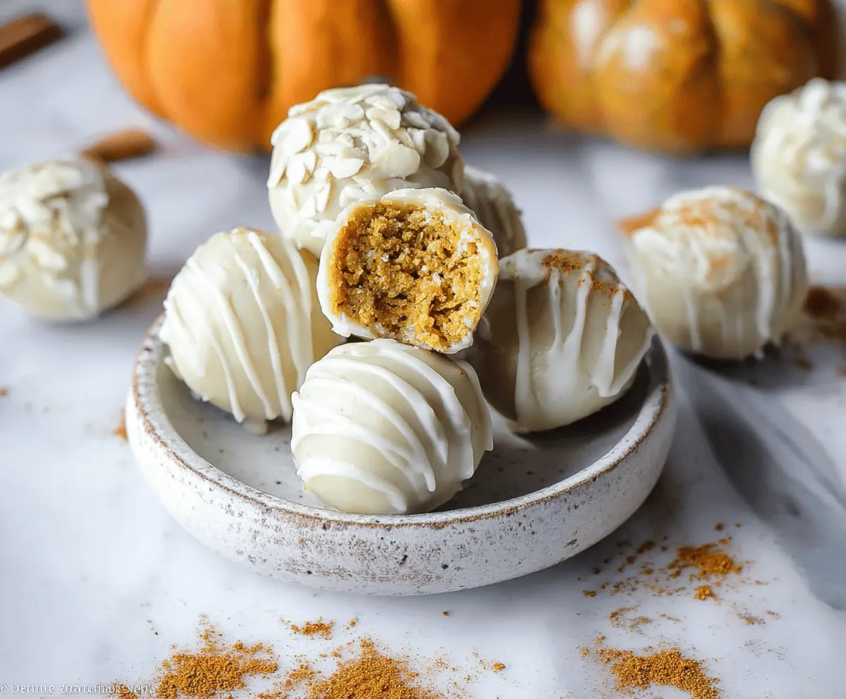 Delicious white chocolate pumpkin protein balls on a white plate, perfect healthy snack with white chocolate and pumpkin flavors