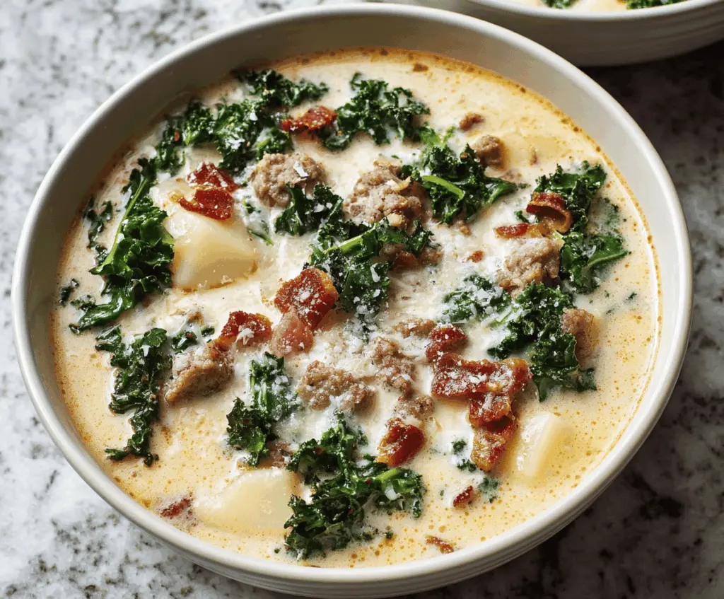 Creamy Zuppa Toscana soup with Italian sausage, kale, potatoes, and creamy broth served in a bowl.