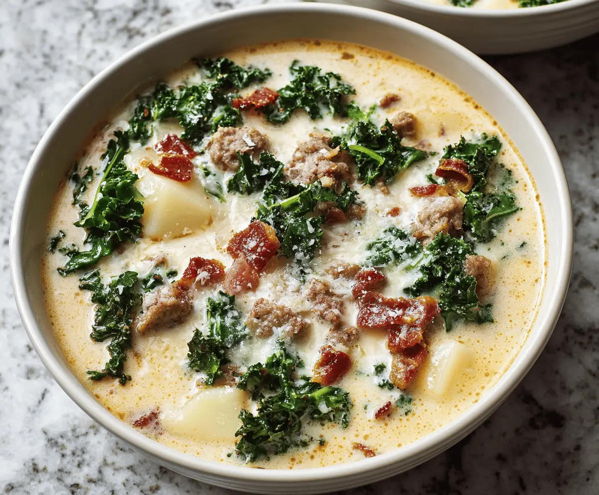 Creamy Zuppa Toscana soup with Italian sausage, kale, potatoes, and creamy broth served in a bowl.