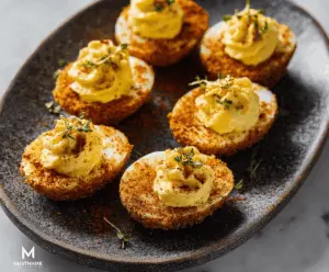 Delicious air fryer deviled eggs with creamy filling on a white plate