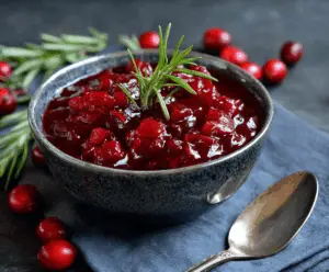 Delicious homemade cranberry sauce by Alton Brown served in a bowl, perfect for Thanksgiving dinner.