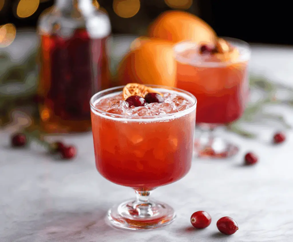 Amaretto Cranberry Kiss Cocktail served in a festive glass with fresh cranberries and a sugared rim.