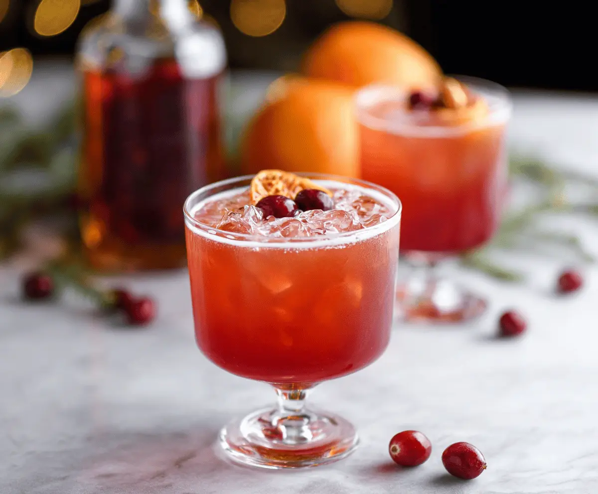 Amaretto Cranberry Kiss Cocktail served in a festive glass with fresh cranberries and a sugared rim.