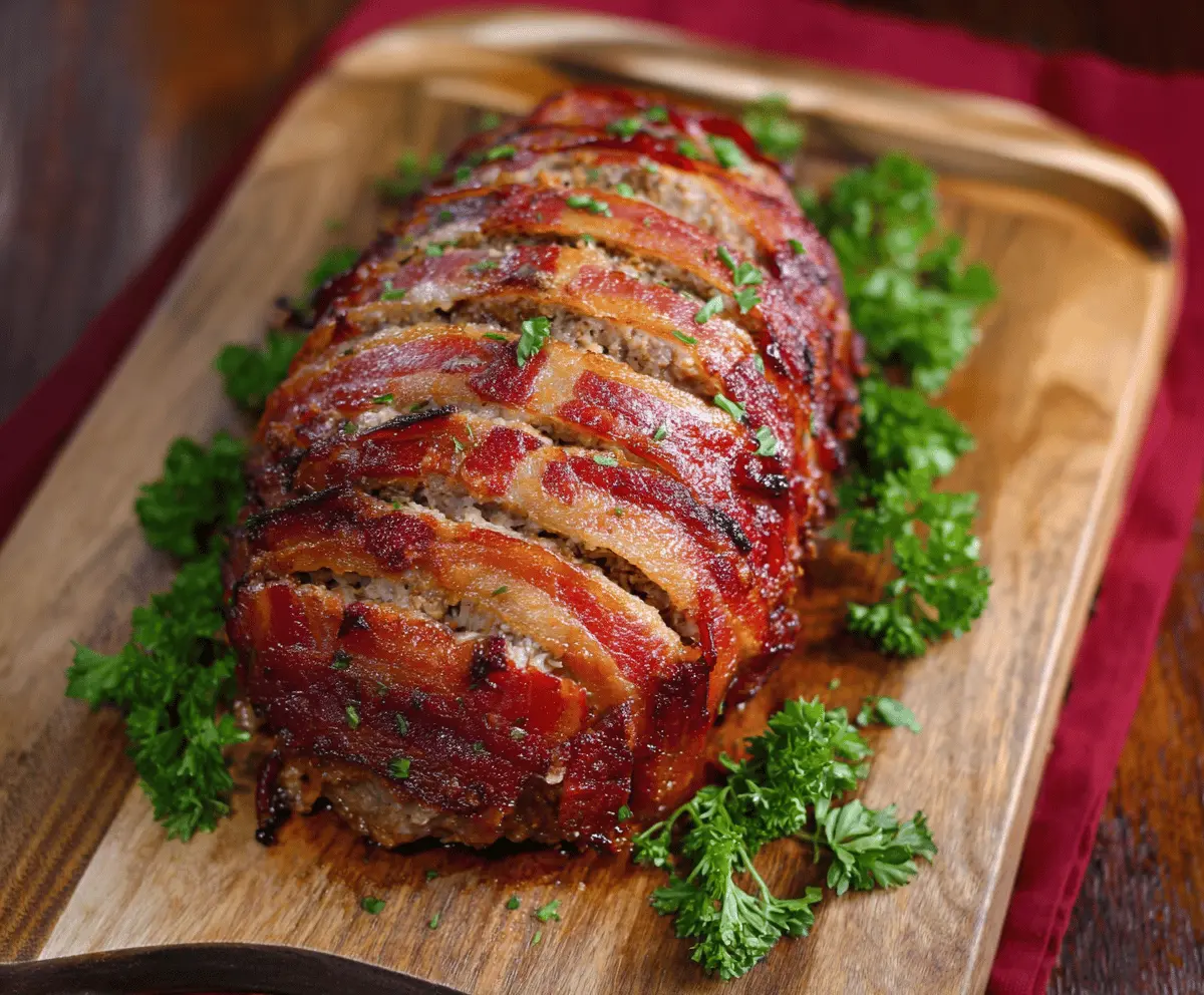 Delicious Bacon-Wrapped Meatloaf garnished with herbs on a rustic plate.