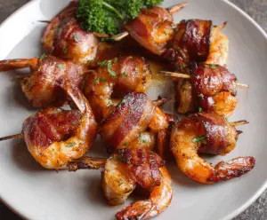 Delicious bacon-wrapped shrimp appetizer with crispy bacon and juicy shrimp on a plate.
