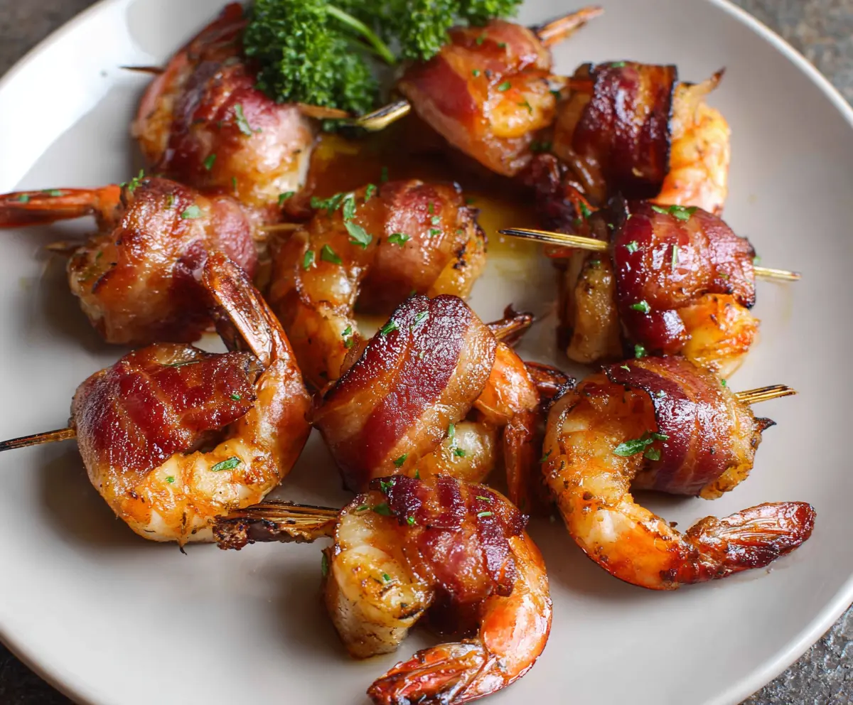 Delicious bacon-wrapped shrimp appetizer with crispy bacon and juicy shrimp on a plate.