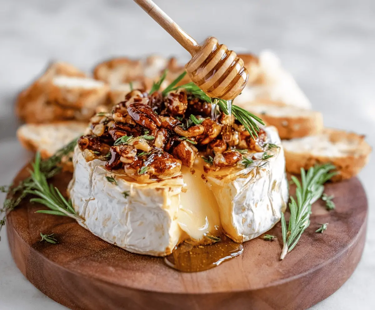 Delicious baked Brie cheese topped with honey and mixed nuts, served as an appetizer.