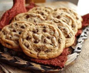 Delicious homemade chocolate chip cookies on a baking tray, perfect for a sweet treat.