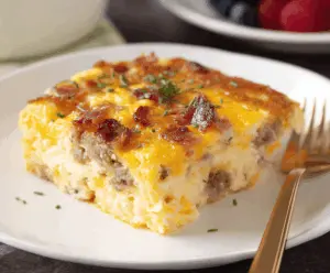 Delicious Bisquick Breakfast Casserole with eggs, bacon, and cheese in a baking dish.